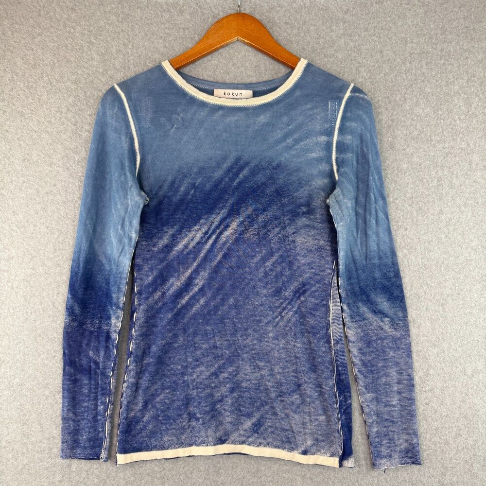 Kokun Bamboo Cashmere Blue Over-Dye Scoop Neck Sweater Top Size M/L Quiet Luxury